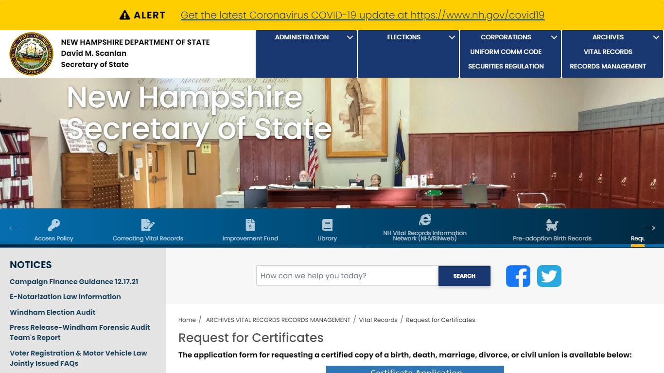 NH-SOS - Request for Certificates - New Hampshire Secretary of State